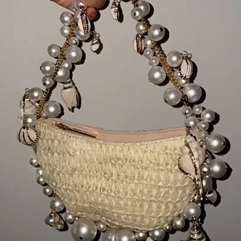 Fresh Sweet Pearls Chain Straw Bag 2024 New Beach Style All-match Handbags Female Purses Niche Designer Fashion Bolsas Mujer