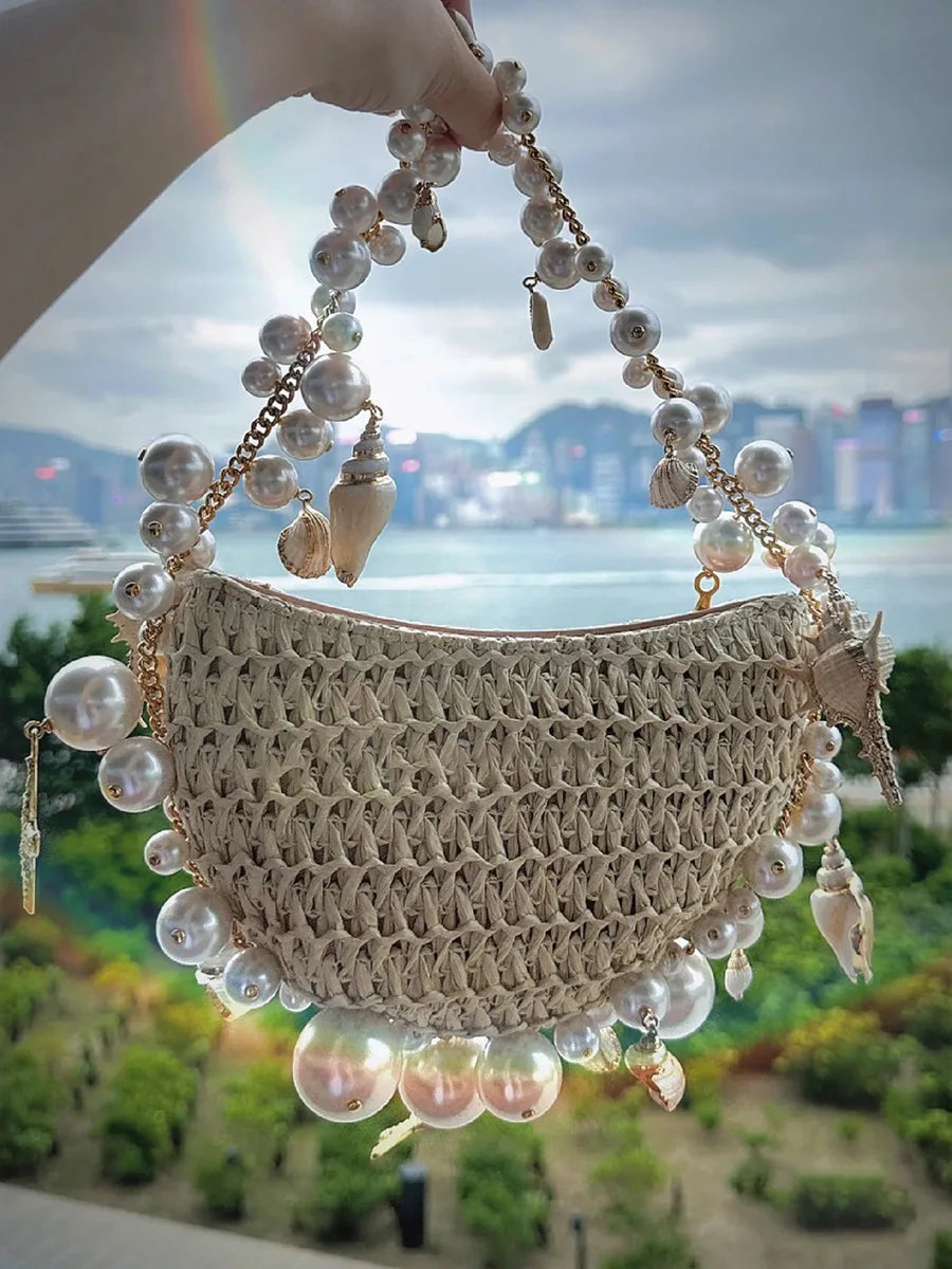 Fresh Sweet Pearls Chain Straw Bag 2024 New Beach Style All-match Handbags Female Purses Niche Designer Fashion Bolsas Mujer