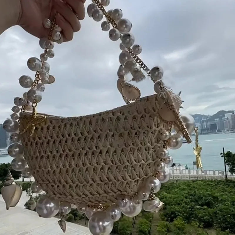 Fresh Sweet Pearls Chain Straw Bag 2024 New Beach Style All-match Handbags Female Purses Niche Designer Fashion Bolsas Mujer