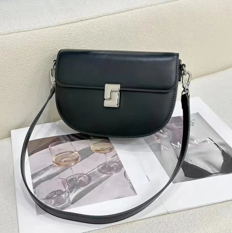 Fresh Sweet Solid Shoulder Bags Niche All-match Elegant Genuine Leather Crossbody Saddle Bag 2024 New Commuter Bolsas Mujer