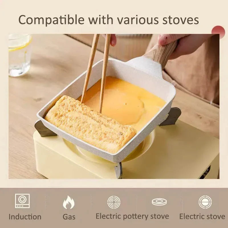 Fried Egg Pan Nonstick Japanese Omelette Tamagoyaki Frying Pan with Wooden Cover Gas Stove and Induction Cooker Kitchen Cookware