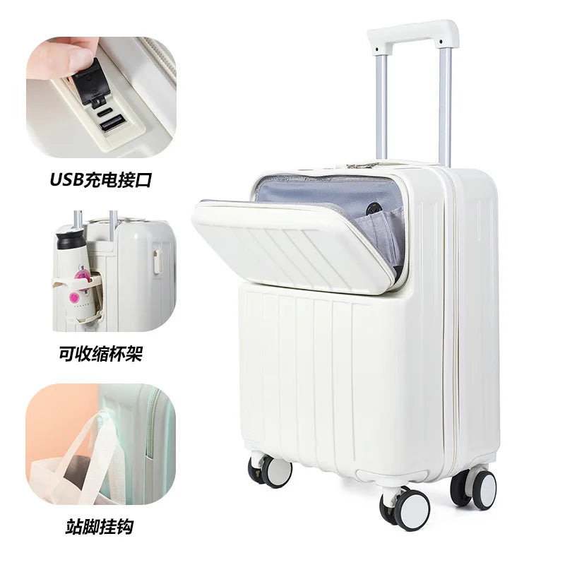 Front-mounted cabin suitcase, luggage suitcase, small lightweight 20-inch 24-inch rechargeable multi-function trolley suitcase