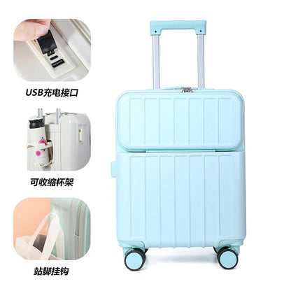 Front-mounted cabin suitcase, luggage suitcase, small lightweight 20-inch 24-inch rechargeable multi-function trolley suitcase
