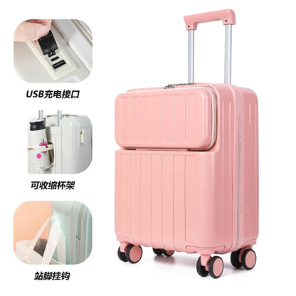 Front-mounted cabin suitcase, luggage suitcase, small lightweight 20-inch 24-inch rechargeable multi-function trolley suitcase