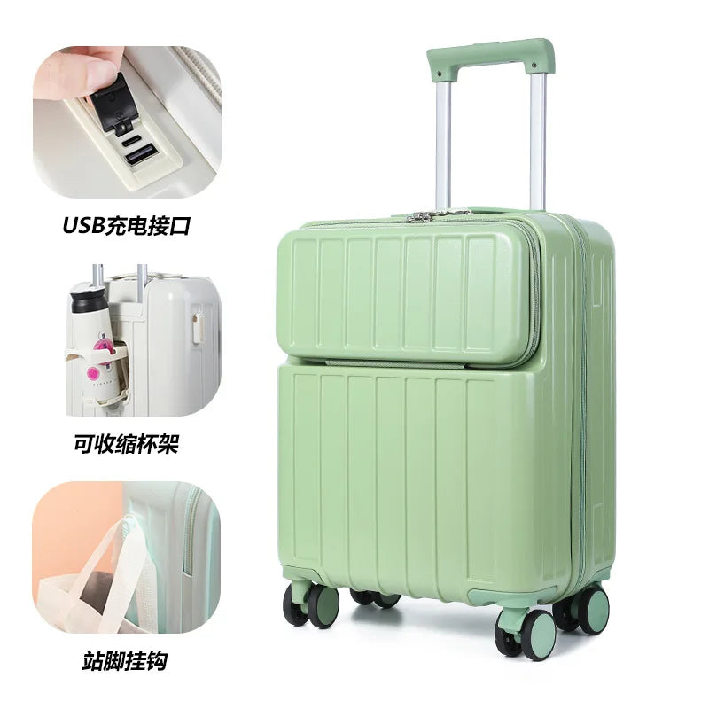 Front-mounted cabin suitcase, luggage suitcase, small lightweight 20-inch 24-inch rechargeable multi-function trolley suitcase