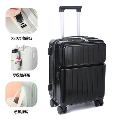 Front-mounted cabin suitcase, luggage suitcase, small lightweight 20-inch 24-inch rechargeable multi-function trolley suitcase
