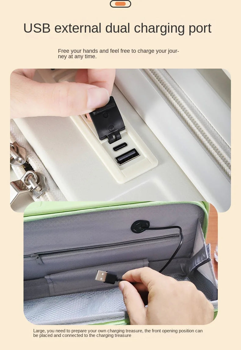 Front-mounted cabin suitcase, luggage suitcase, small lightweight 20-inch 24-inch rechargeable multi-function trolley suitcase