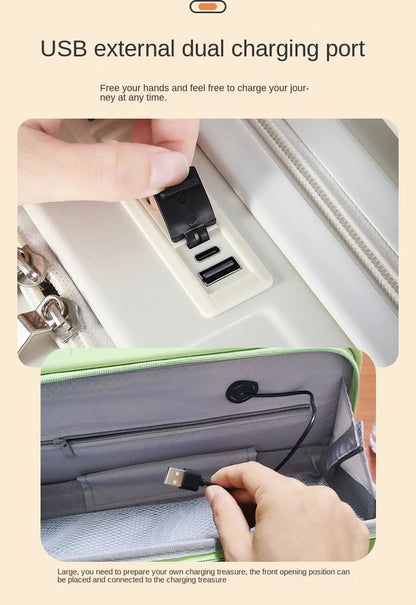 Front-mounted cabin suitcase, luggage suitcase, small lightweight 20-inch 24-inch rechargeable multi-function trolley suitcase