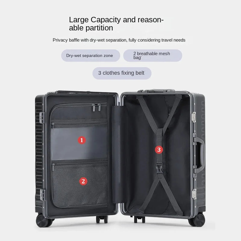 Front-opening suitcase luggage case password box multifunctional boarding box aluminum frame suitcase