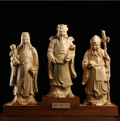 Fu Lu Shou Solid Wood Carving 3 Stars Gods  Home Decor