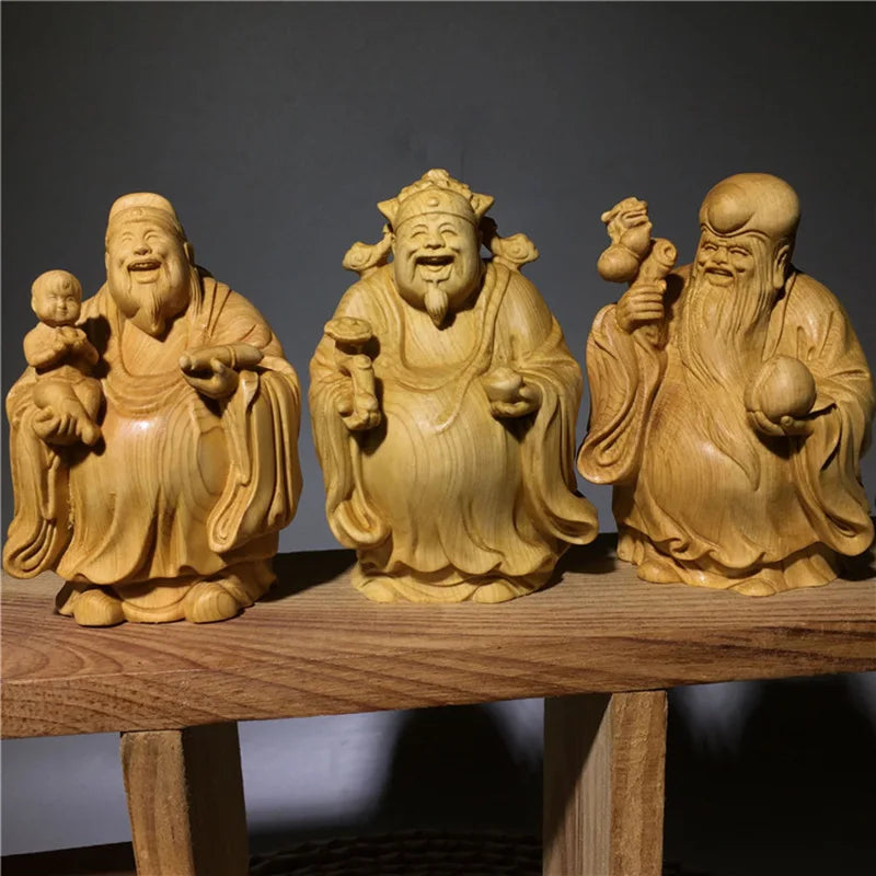 Fu Lu Shou Solid Wood Character Ornament Wooden Hand-carved Home Living Room Bedroom Decorative Statue 3 Piece Set