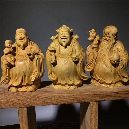 Fu Lu Shou Solid Wood Character Ornament Wooden Hand-carved Home Living Room Bedroom Decorative Statue 3 Piece Set