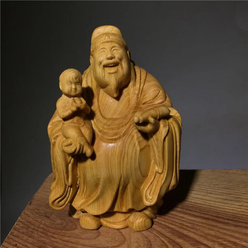 Fu Lu Shou Solid Wood Character Ornament Wooden Hand-carved Home Living Room Bedroom Decorative Statue 3 Piece Set