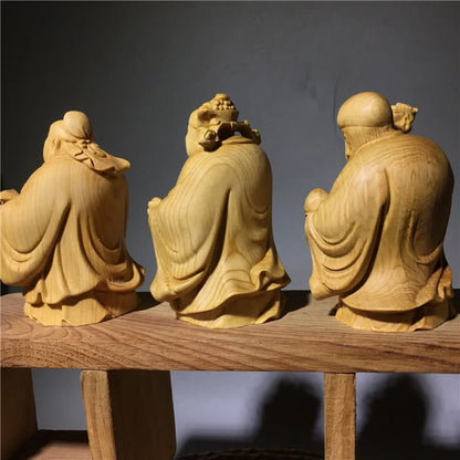 Fu Lu Shou Solid Wood Character Ornament Wooden Hand-carved Home Living Room Bedroom Decorative Statue 3 Piece Set