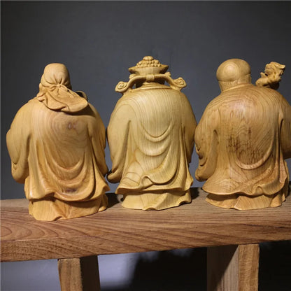 Fu Lu Shou Solid Wood Character Ornament Wooden Hand-carved Home Living Room Bedroom Decorative Statue 3 Piece Set