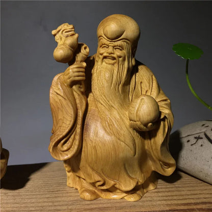 Fu Lu Shou Solid Wood Character Ornament Wooden Hand-carved Home Living Room Bedroom Decorative Statue 3 Piece Set
