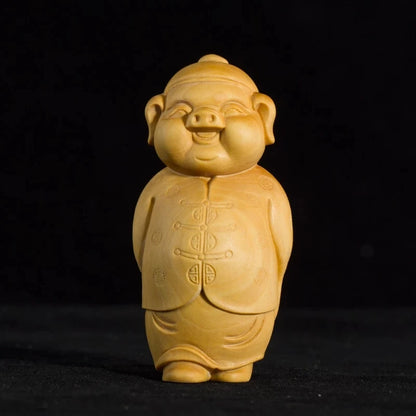 Fu pig rich pigs boxwood carving, home decor, solid wood ornaments playing with a hand carved craft