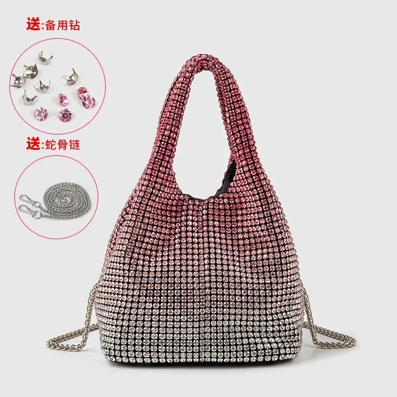 Full Diamond Bucket Bag Women's 2024 Summer Korean Style Dinner Handbag Temperament Versatile Wrist Bag Crossbody Bag