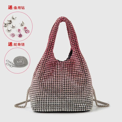 Full Diamond Bucket Bag Women's 2024 Summer Korean Style Dinner Handbag Temperament Versatile Wrist Bag Crossbody Bag