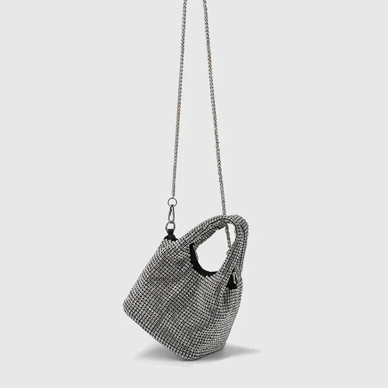 Full Diamond Bucket Bag Women's 2024 Summer Korean Style Dinner Handbag Temperament Versatile Wrist Bag Crossbody Bag