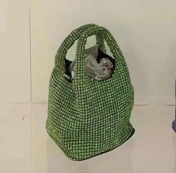 Full Diamond Bucket Bag Women's 2024 Summer Korean Style Dinner Handbag Temperament Versatile Wrist Bag Crossbody Bag