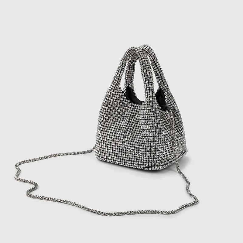 Full Diamond Bucket Bag Women's 2024 Summer Korean Style Dinner Handbag Temperament Versatile Wrist Bag Crossbody Bag