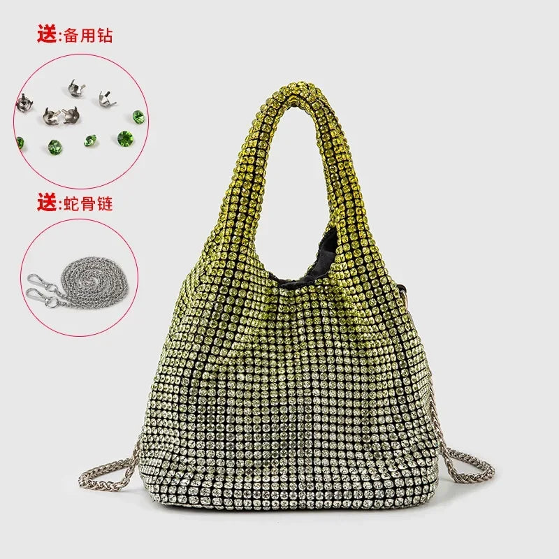 Full Diamond Bucket Bag Women's 2024 Summer Korean Style Dinner Handbag Temperament Versatile Wrist Bag Crossbody Bag