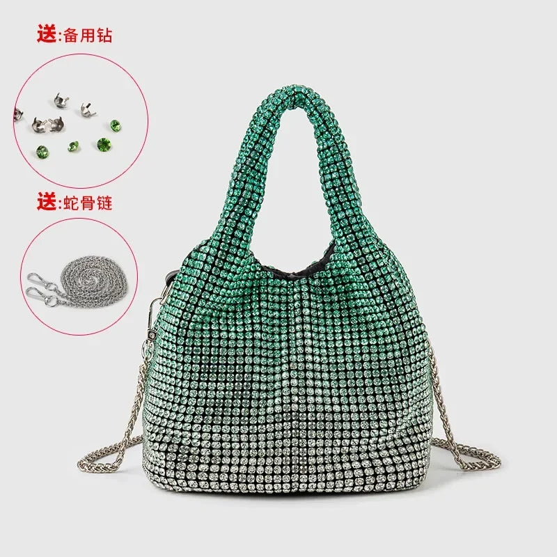 Full Diamond Bucket Bag Women's 2024 Summer Korean Style Dinner Handbag Temperament Versatile Wrist Bag Crossbody Bag