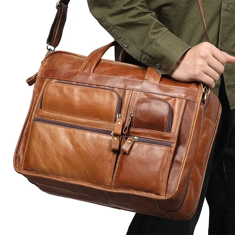 Functional Handbag for Men Genuine Leather Briefcase Business Travel Shoulder Male 14" Laptop Messenger Doube Zipper Bag