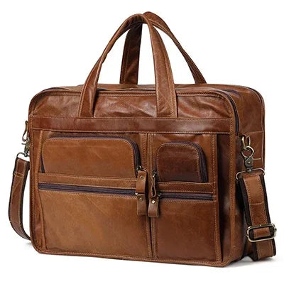 Functional Handbag for Men Genuine Leather Briefcase Business Travel Shoulder Male 14" Laptop Messenger Doube Zipper Bag