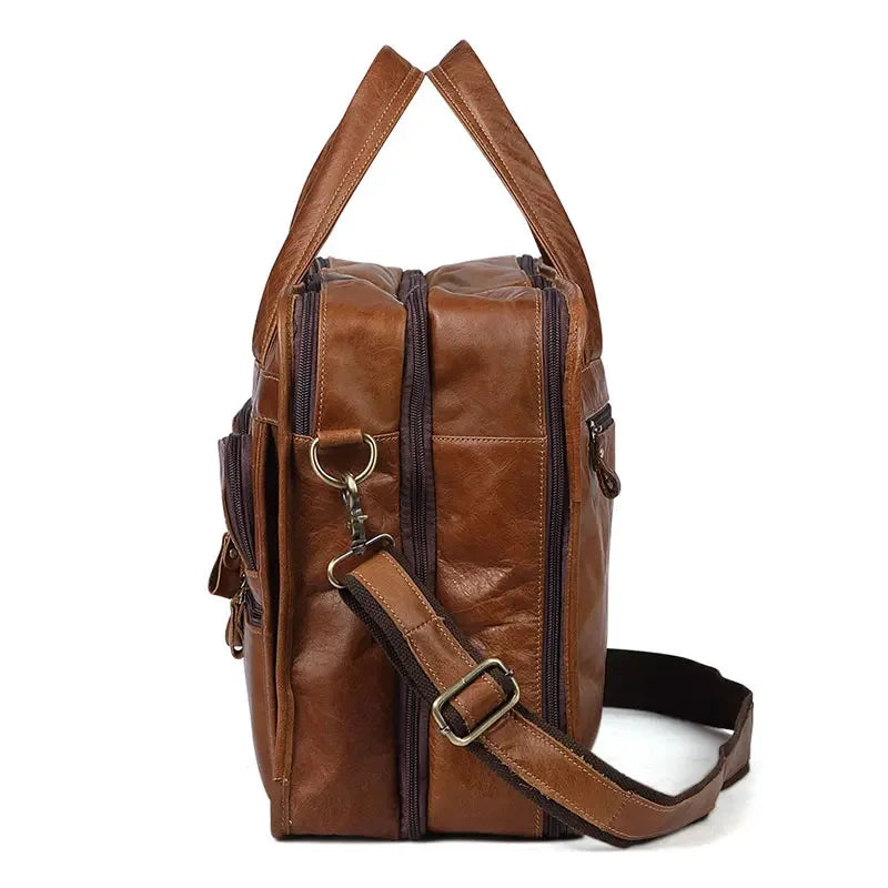 Functional Handbag for Men Genuine Leather Briefcase Business Travel Shoulder Male 14" Laptop Messenger Doube Zipper Bag