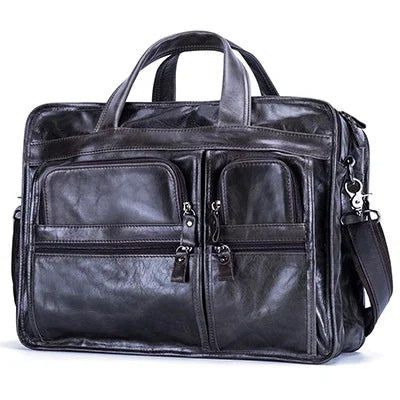 Functional Handbag for Men Genuine Leather Briefcase Business Travel Shoulder Male 14" Laptop Messenger Doube Zipper Bag