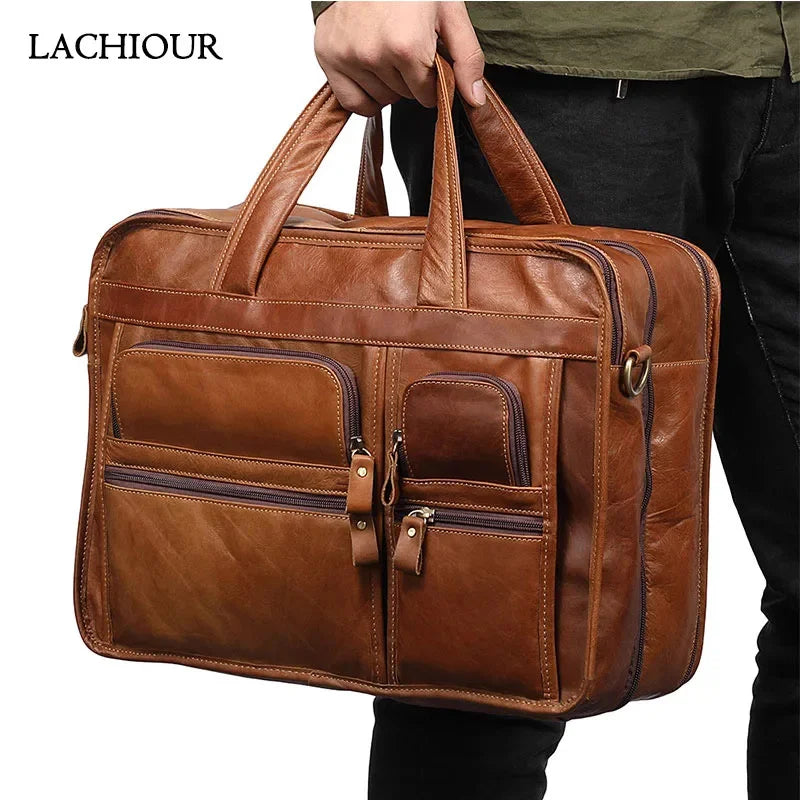 Functional Handbag for Men Genuine Leather Briefcase Business Travel Shoulder Male 14" Laptop Messenger Doube Zipper Bag