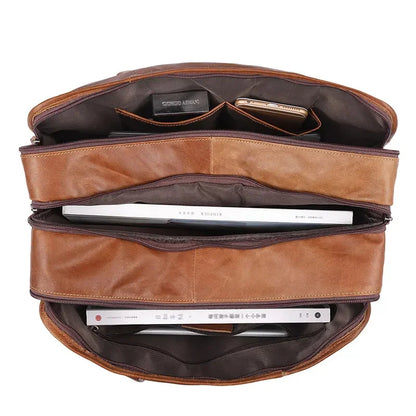Functional Handbag for Men Genuine Leather Briefcase Business Travel Shoulder Male 14" Laptop Messenger Doube Zipper Bag