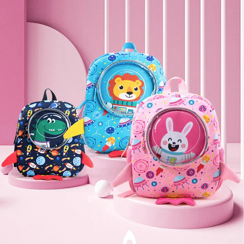 Funny Cartoon Rocket Kids School Bags for Boys Girls Cute Dinosaur Anti-lost Backpacks Toddler Children Bag Mochilas Escolares