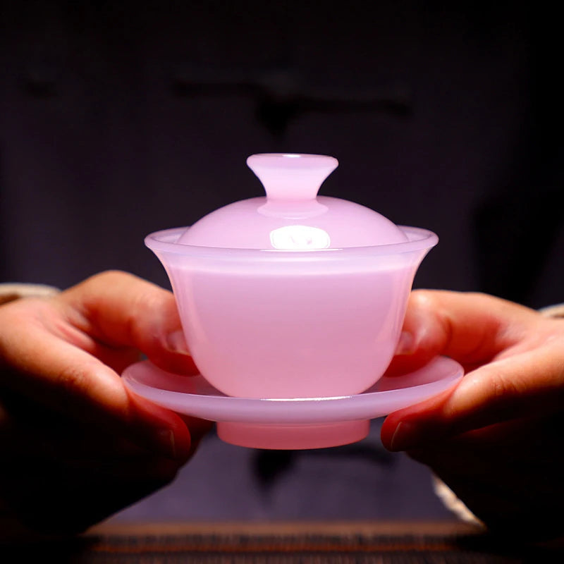 Furong Jade Porcelain Gaiwan - Initial Release Small Capacity Sancai Tea Tureen Pink Mini Cover Bowl Glazed Stone Tea Set