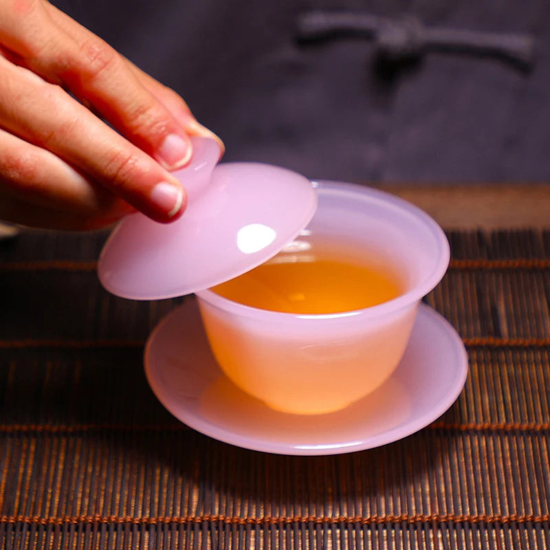 Furong Jade Porcelain Gaiwan - Initial Release Small Capacity Sancai Tea Tureen Pink Mini Cover Bowl Glazed Stone Tea Set
