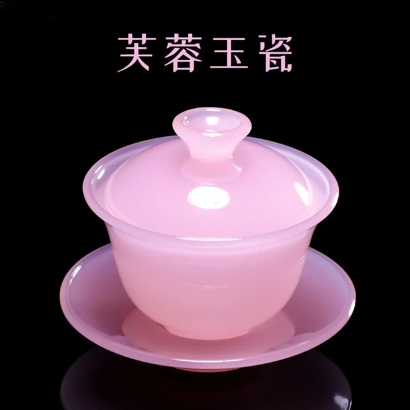 Furong Jade Porcelain Gaiwan - Initial Release Small Capacity Sancai Tea Tureen Pink Mini Cover Bowl Glazed Stone Tea Set
