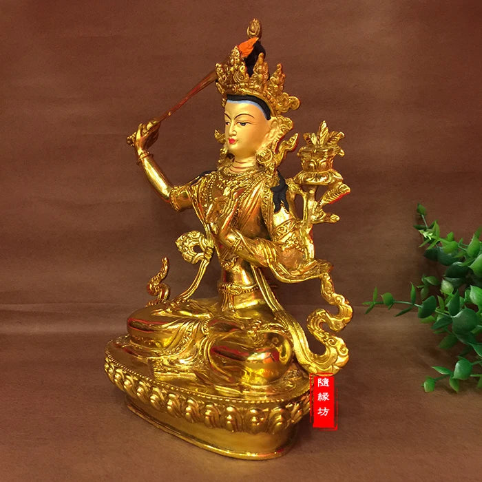 GOOD --22cm Buddhist Buddhism efficacious Protection Tibet Nepal Gold-plated the Bodhisattva Manjusri brass Buddha statue