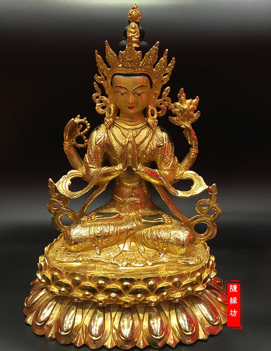 GOOD --30CM large --Buddhist Buddhism home family efficacious Protection Gold-plated brass Four arm Guanyin gold Buddha  statue