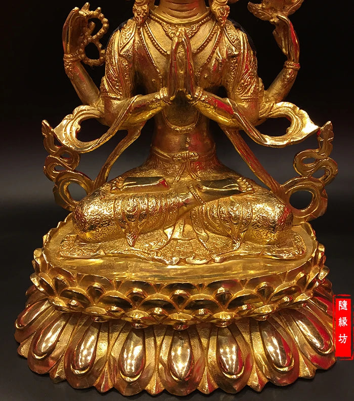 GOOD --30CM large --Buddhist Buddhism home family efficacious Protection Gold-plated brass Four arm Guanyin gold Buddha  statue