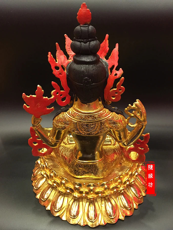 GOOD --30CM large --Buddhist Buddhism home family efficacious Protection Gold-plated brass Four arm Guanyin gold Buddha  statue