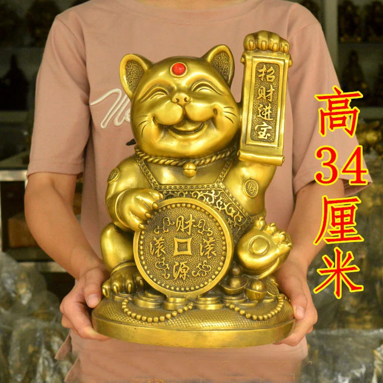 GOOD # 34CM large Huge HOME OFFICE Porch lobby TOP efficacious Mascot thriving business copper Fortune Cat FENG SHUI statue