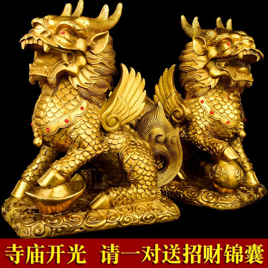 GOOD Bring in wealth # HOME office business TOP Money Drawing Mascot # GOLD QI LIN dragon kylin FENG SHUI Brass statue