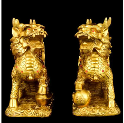 GOOD Bring in wealth # HOME office business TOP Money Drawing Mascot # GOLD QI LIN dragon kylin FENG SHUI Brass statue