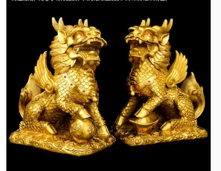 GOOD Bring in wealth # HOME office business TOP Money Drawing Mascot # GOLD QI LIN dragon kylin FENG SHUI Brass statue