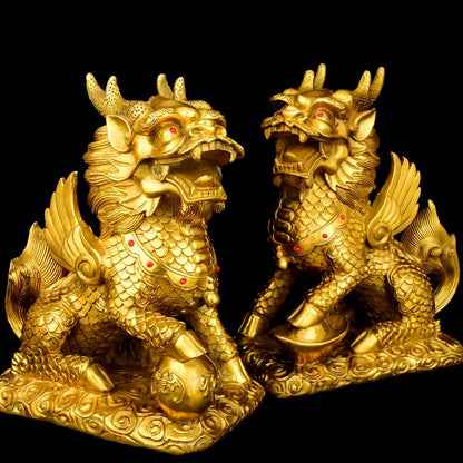 GOOD Bring in wealth # HOME office business TOP Money Drawing Mascot # GOLD QI LIN dragon kylin FENG SHUI Brass statue