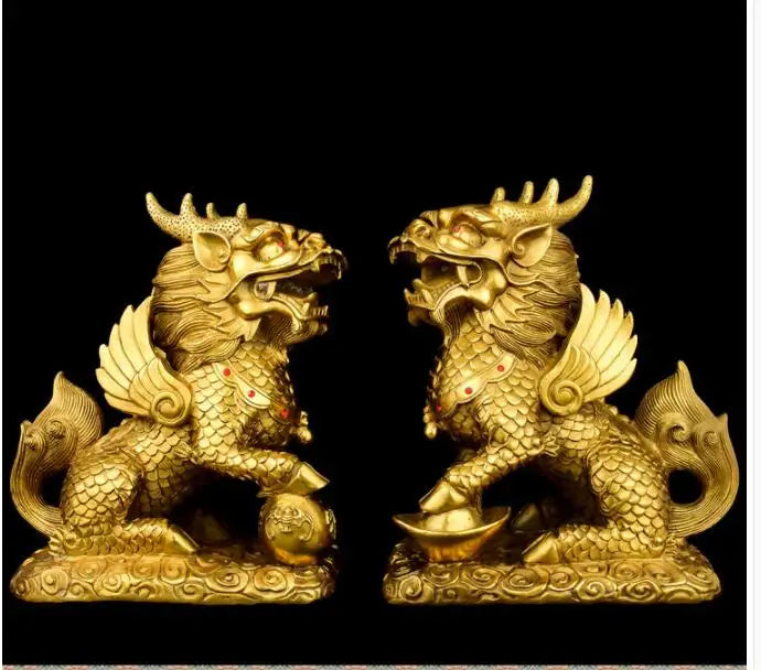 GOOD Bring in wealth # HOME office business TOP Money Drawing Mascot # GOLD QI LIN dragon kylin FENG SHUI Brass statue