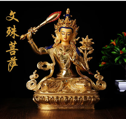 GOOD- HOME Temple  Protection Tibetan Buddhism GOLD Manjusri Bodhisattva Guan yin buddha statue 33CM