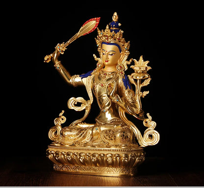 GOOD- HOME Temple  Protection Tibetan Buddhism GOLD Manjusri Bodhisattva Guan yin buddha statue 33CM